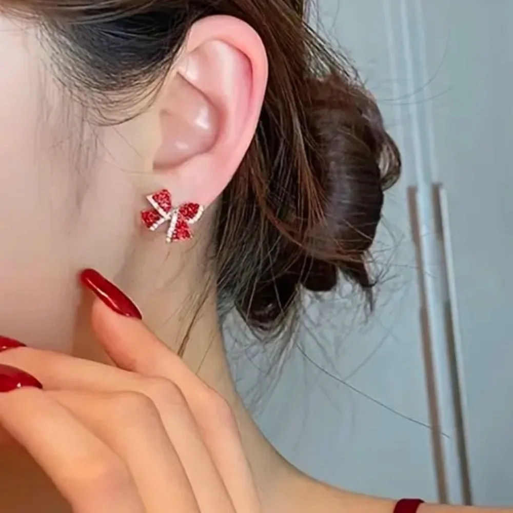 Red Garnet Bow Stud Earrings Simulated Gemstone 14K Gold Plated NWT